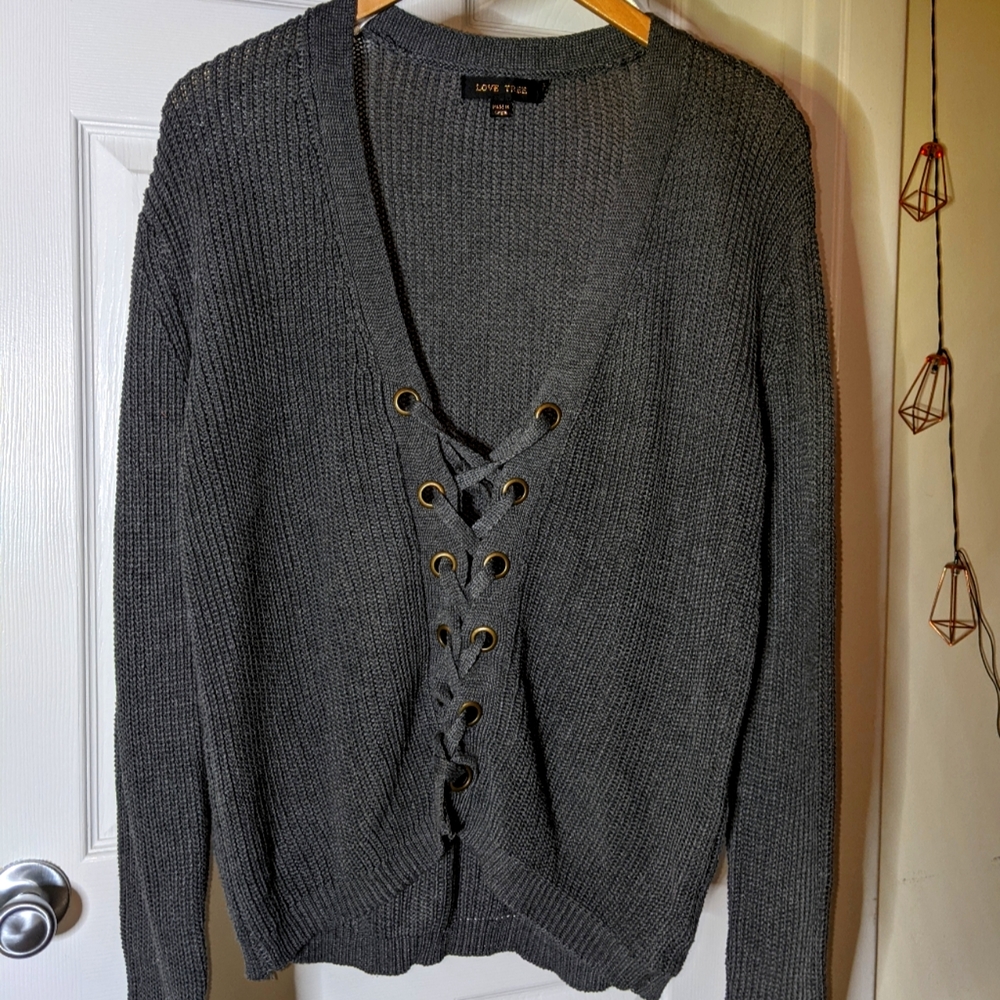Lace-Up Front Lightweight Knit Sweater